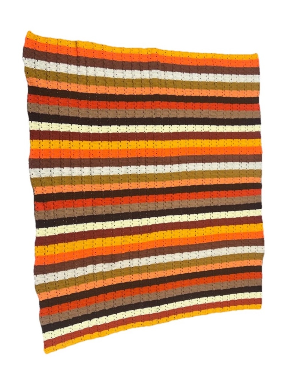 Retro 70s Crochet Blanket Boho Cottagecore Striped Afghan Earth Tones XL 59x70